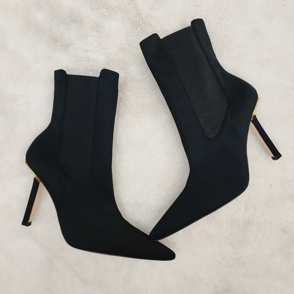 Good American The Kickstand Neoprene Sock Bootie 12 Black Gold Stiletto Heel NEW